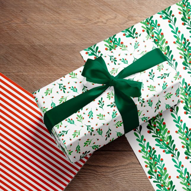 Green Twigs & Red Berries Christmas Patterns Wrapping Paper Sheet (Creator Uploaded)