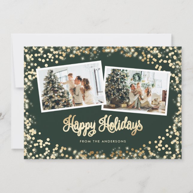 Green Twinkle Lights Stars Photo Holiday Card (Front)