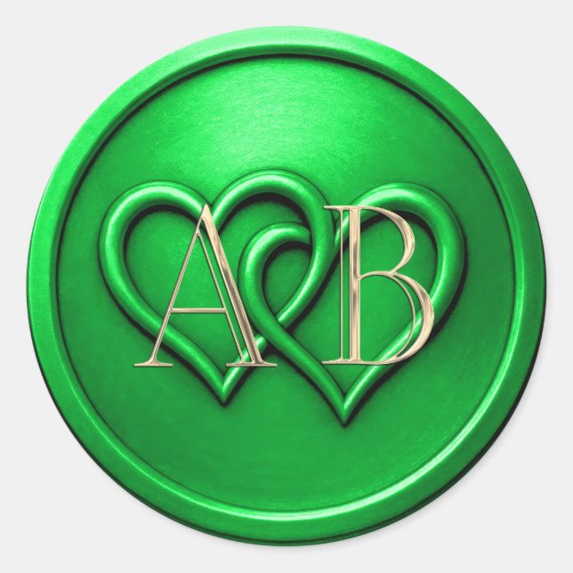 Green Two Hearts Intertwined Monogram Wedding Classic Round Sticker (Front)