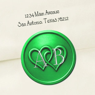 Green Two Hearts Silver Monogram Wedding Classic Round Sticker