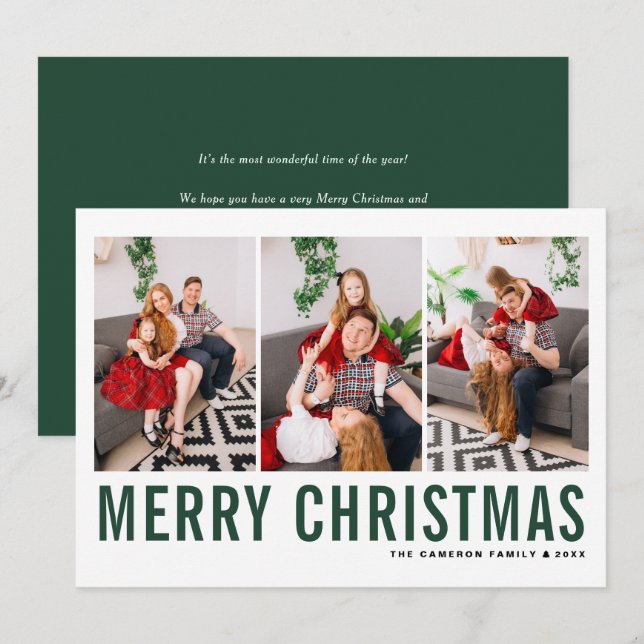 Green Typography Photo Collage Merry Christmas Holiday Card (Front/Back)