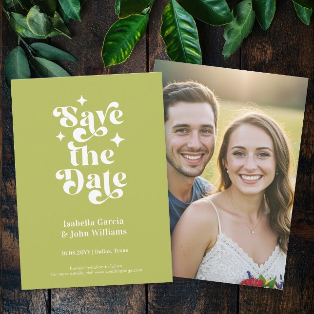 Green Typography Photo Save The Date Announcement (Front and back of a 4.5 x 6.25 inches card is shown. Choose size, corner and paper style.)