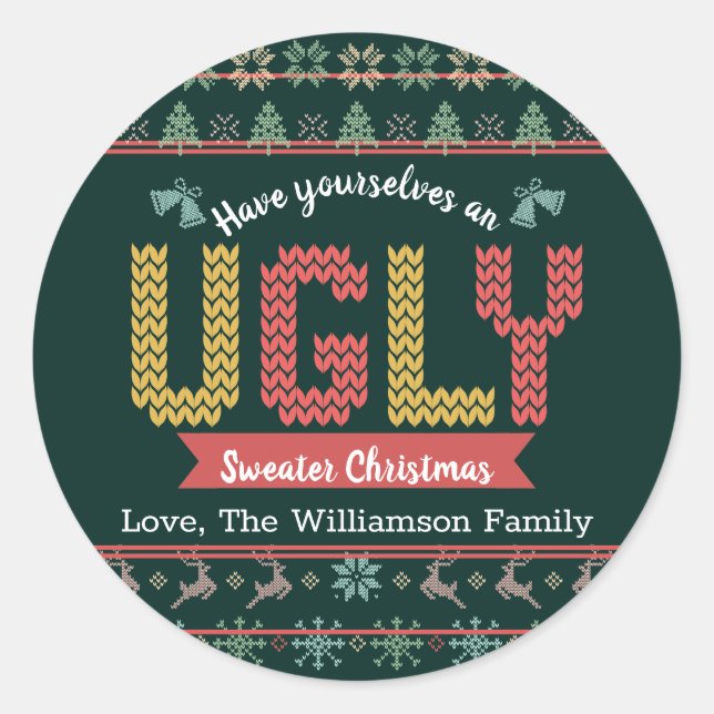 Green Ugly Sweater Christmas Nordic Knit Custom Classic Round Sticker (Front)