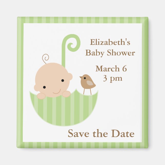 Green Umbrella Neutral Baby Shower Magnet (Front)