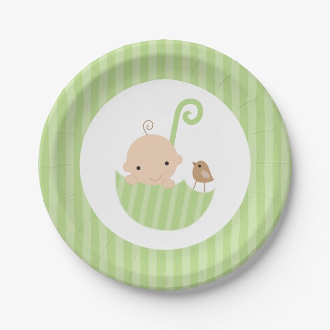 Green Umbrella Neutral Baby Shower Paper Plate (Front)