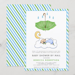 Green umbrella, sleeping baby boy shower by mail invitation