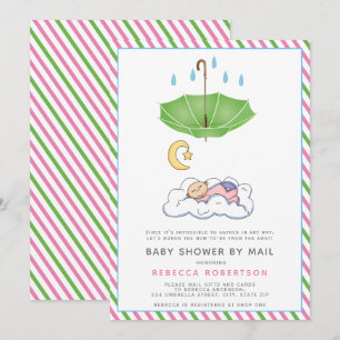 Green umbrella, sleeping baby girl shower by mail invitation