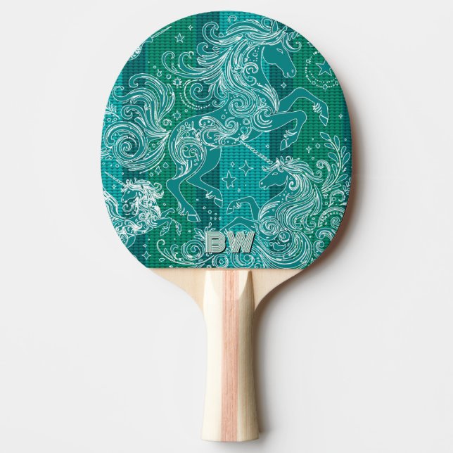 Green Unicorn Plaid Pattern Personalized Monogram Ping Pong Paddle (Front)