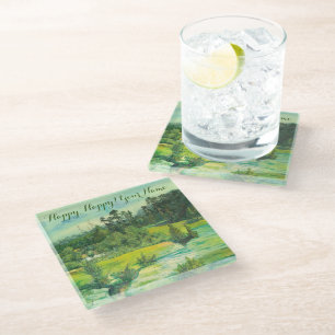 green valley painting Watercolor Glass Coaster