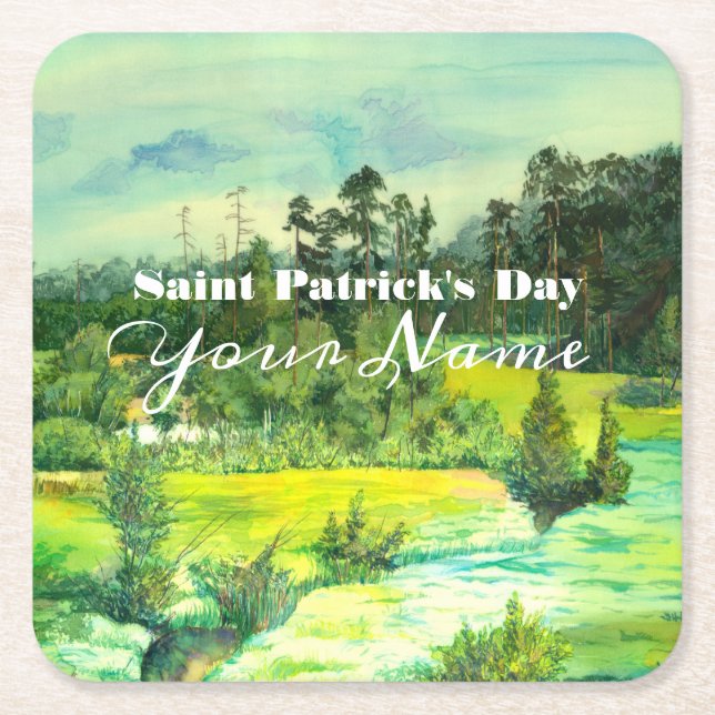 green valley painting Watercolor  Square Paper Coaster (Front)
