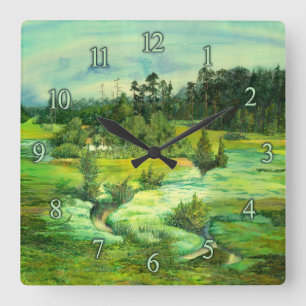 green valley painting Watercolor Square Wall Clock