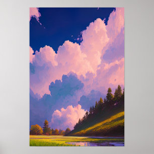 Green Valley Under a Pink and Purple Sky Poster