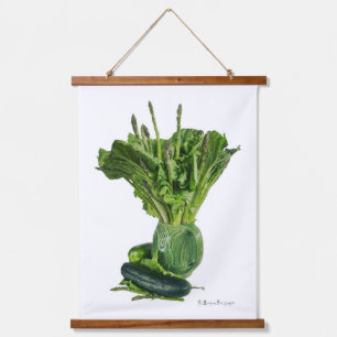 Green vegetables in pitcher vase. Eat fresh post! Hanging Tapestry