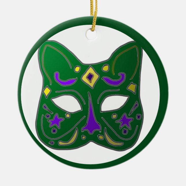 Green Venetian Cat Mask Design Ceramic Ornament (Front)