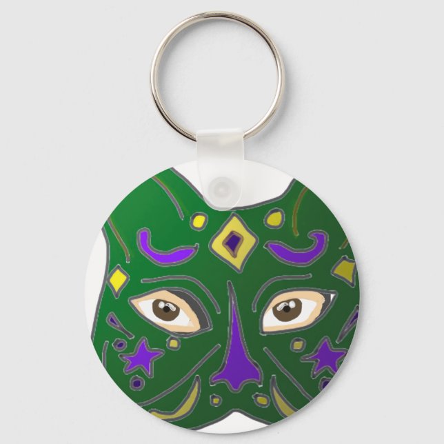 Green Venetian Cat Mask Design Key Ring (Front)