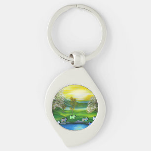 Green Venus Scotties at the Pond Keychain