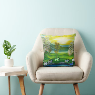 Green Venus Scotties at the Pond Throw Pillow