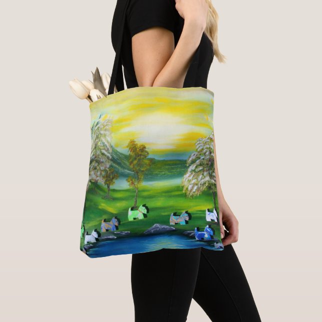 Green Venus Scotties at the Pond Tote Bag (Close Up)