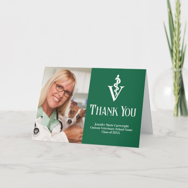 Green Veterinary School Graduation Photo Custom Thank You Card (Front)