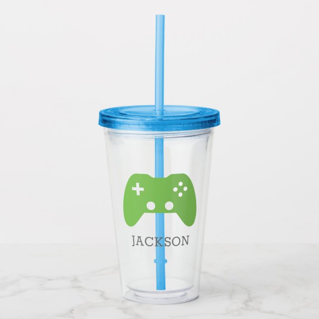 Green Video Game Controller Gamer Personalized Acrylic Tumbler (Front)