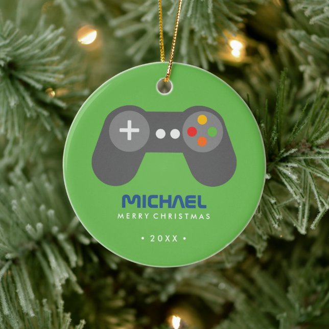 Green Video Game Controller Kids Christmas Ceramic Ornament (Tree)