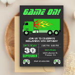 Green Video Game Truck Birthday Party Invitation<br><div class="desc">This modern kids birthday party invite features a neon green truck with cute video game controllers and modern typography. Simply add your event details on this easy-to-use template to make it a one-of-a-kind invitation. Flip the card over to reveal neon stripes pattern on the back of the card.</div>