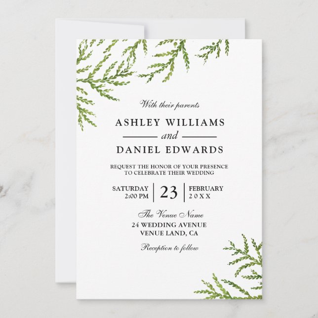 Green Vine Fern Leaf Wedding Invitation (Front)
