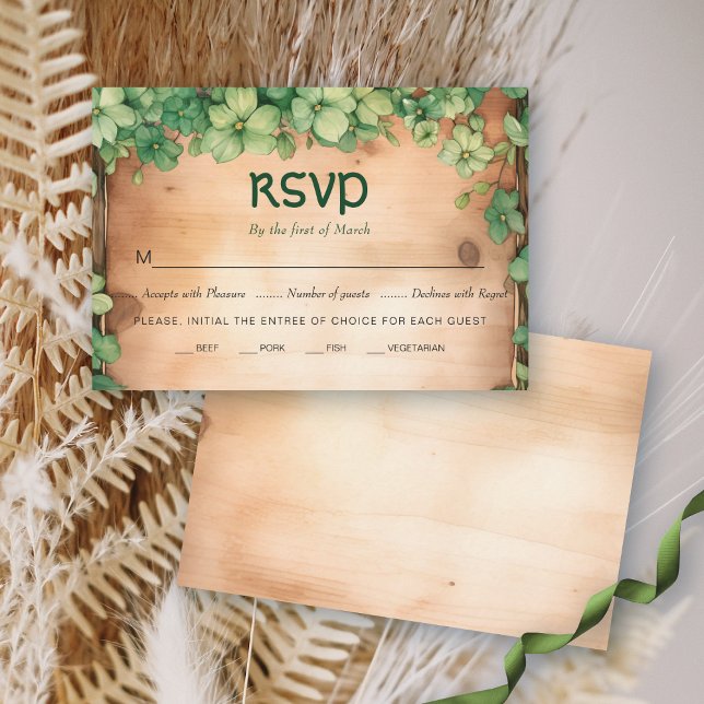 Green vine on wood St Patrick's Day Irish wedding RSVP Card (Creator Uploaded)