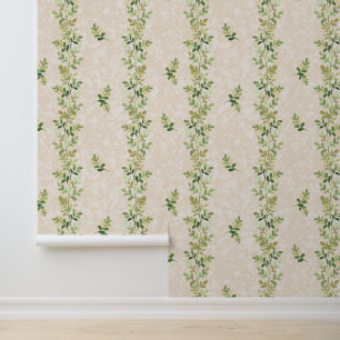 Green Vines on Textured Cream Wallpaper