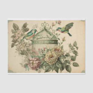 Green Vintage birds and flower birdcage decoupage Tissue Paper