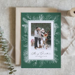 Green Vintage Botanical Frame Merry Christmas Holiday Card<br><div class="desc">Merry Christmas! Send Christmas greetings with this vintage theme Christmas flat card. It features vintage line art of pinecones, pine needles and hollies with a green background. Personalize by adding your photo, names, year and message. This vintage Christmas photo flat card is available in other colours. Matching items are available....</div>