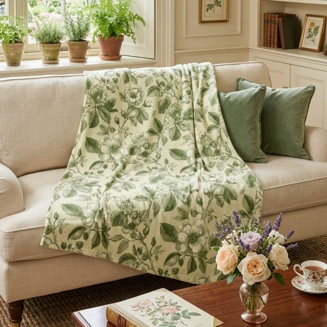 Green Vintage Botanical Toile Pattern Fleece Blanket (Creator Uploaded)