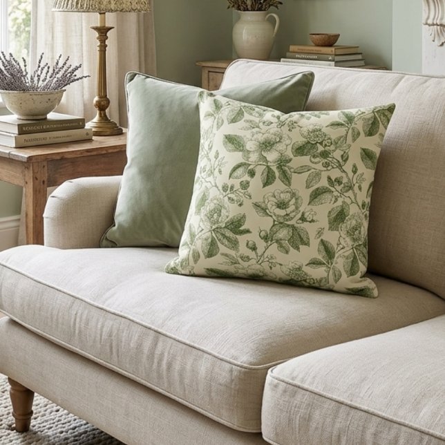 Green Vintage Botanical Toile Pattern Throw Pillow (Creator Uploaded)