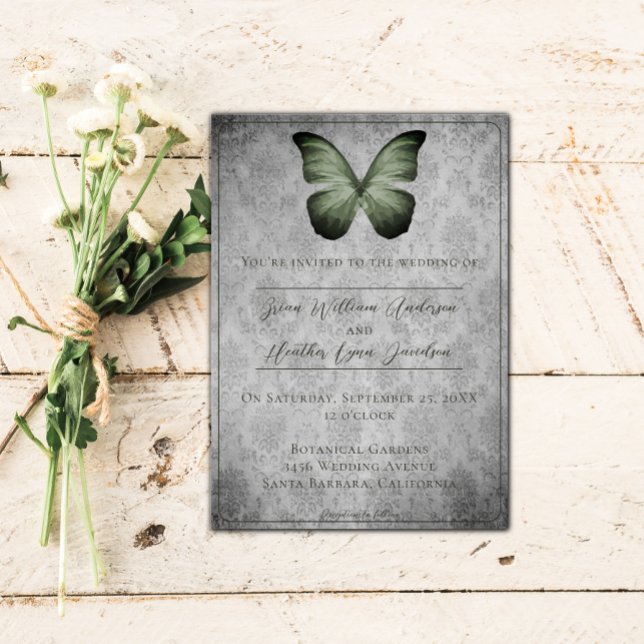 Green Vintage Butterfly Damask Wedding Invitation (Green Vintage Butterfly Damask Wedding Invitation)
