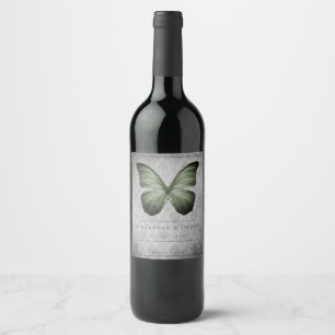 Green Vintage Butterfly Damask Wedding Wine Label