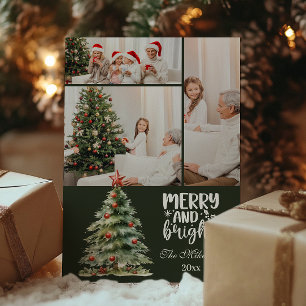 Green Vintage Christmas 3 Photo Family  Holiday Card