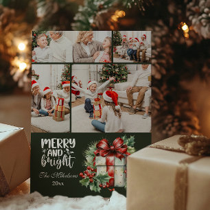 Green Vintage Christmas 4 Photo Family Holiday Card