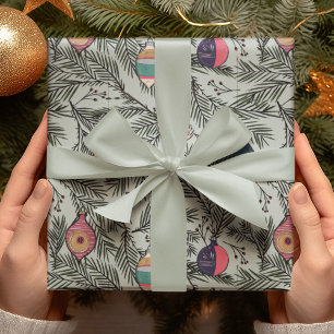 Green Vintage Christmas Ornaments, Pine, Berries Wrapping Paper