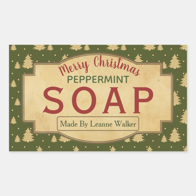 Green Vintage Christmas Tree Peppermint Soap Label (Front)