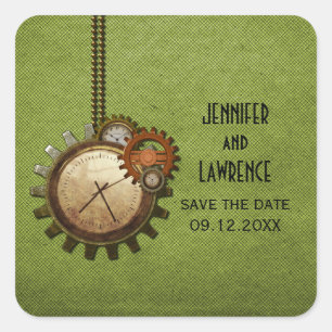 Green Vintage Clock Save the Date Stickers