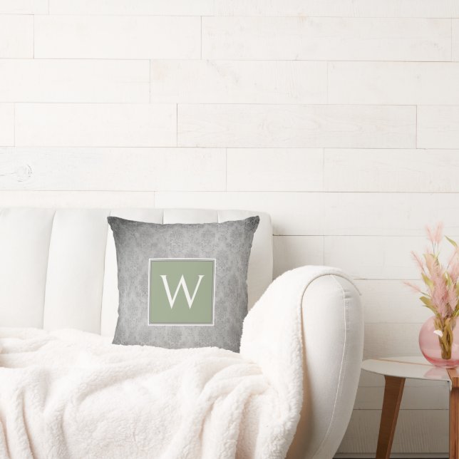 Green Vintage Damask Monogram Throw Pillow (Couch)