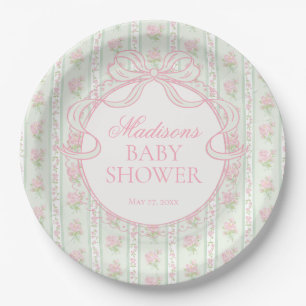 Green Vintage Fancy Floral Baby Shower Paper Plate