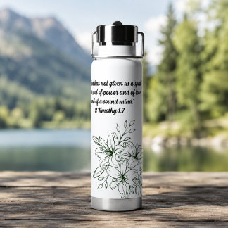Green Vintage Floral Line Art & Bible Verse Water Bottle
