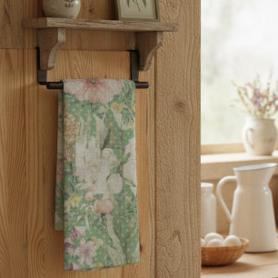 Green Vintage Floral Pattern With Polka Dots Kitchen Towel