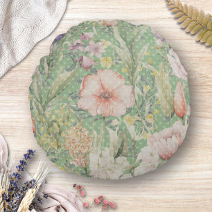 Green Vintage Floral Pattern With Polka Dots Round Pillow