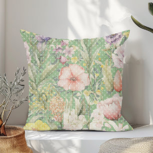 Green Vintage Floral Pattern With Polka Dots Throw Pillow