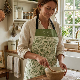 Green Vintage Floral Toile Pattern Apron