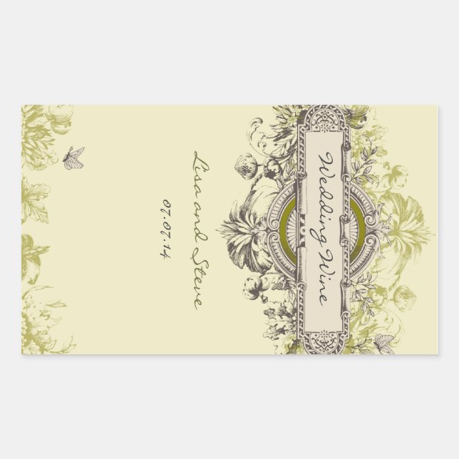 Green Vintage Floral Wedding Wine Sticker (Front)