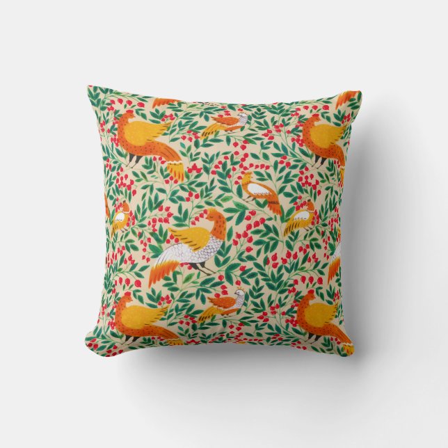 Green Vintage Garden Peacock Birds Throw Pillow (Front)