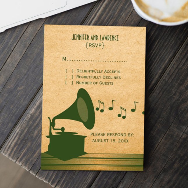Green Vintage Gramophone Response Card (Green vintage gramophone wedding response card)